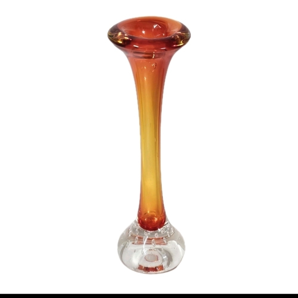 MID CENTURY COLLECTIBLE MODERN ART GLASS DOG BONE VIBRANT RED ORANGE  BUD VASE
